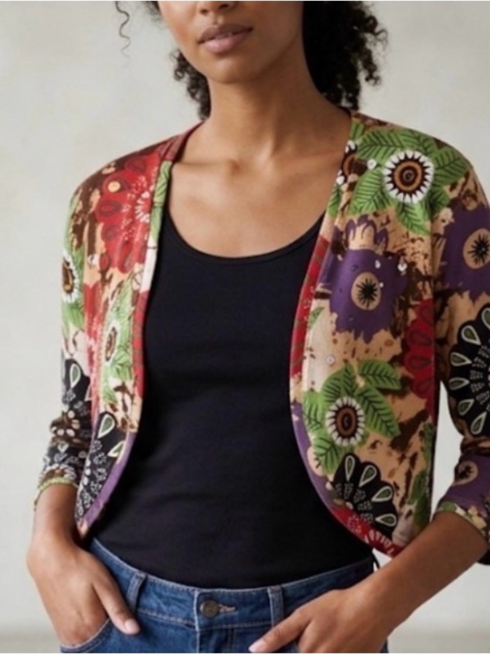 Vintage Style Floral Cropped Cardigan Sweater - Multicolor
